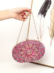 LETODE BAG Glamorous Glitter Bling, Sequin, Luxury, Shiny Mini Rhinestone Flower Decor Chain Box Bag, Perfect Bride Purse For Wedding, Prom & Party Events Evening Bag, Dinner Bag For Party Girl, Woman - Hot Pink - View 3