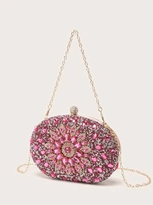LETODE BAG Glamorous Glitter Bling, Sequin, Luxury, Shiny Mini Rhinestone Flower Decor Chain Box Bag, Perfect Bride Purse For Wedding, Prom & Party Events Evening Bag, Dinner Bag For Party Girl, Woman - Hot Pink - View 4