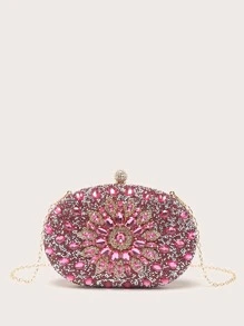 LETODE BAG Glamorous Glitter Bling, Sequin, Luxury, Shiny Mini Rhinestone Flower Decor Chain Box Bag, Perfect Bride Purse For Wedding, Prom & Party Events Evening Bag, Dinner Bag For Party Girl, Woman - Hot Pink - View 5