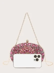 LETODE BAG Glamorous Glitter Bling, Sequin, Luxury, Shiny Mini Rhinestone Flower Decor Chain Box Bag, Perfect Bride Purse For Wedding, Prom & Party Events Evening Bag, Dinner Bag For Party Girl, Woman - Hot Pink - View 6