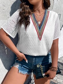 SHEIN LUNE 大碼織帶拼接圓點襯衫 - 白色 - 查看 5