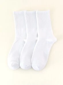 3pairs Solid Crew Socks, Fall Socks - White - View 1