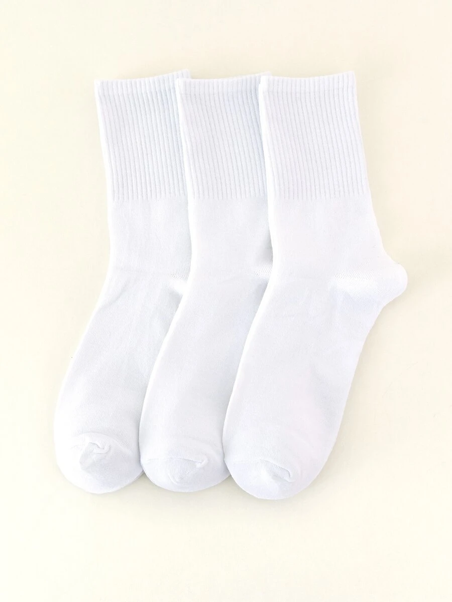 3pairs Solid Crew Socks, Fall Socks - White - View 1