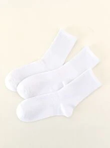 3pairs Solid Crew Socks, Fall Socks - White - View 2