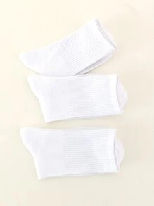 3pairs Solid Crew Socks, Fall Socks - White - View 4