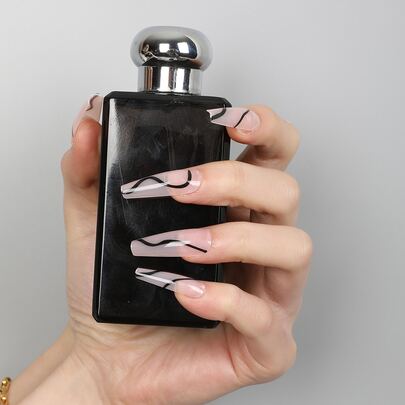 24pcs Long Coffin Striped Pattern Fake Nail & 1pc Nail File & 1sheet Nail Tape