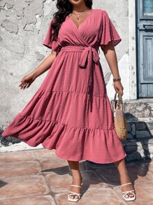 SHEIN Clasi Đầm Maxi Nữ Tay Phồng Xếp Ly Có Thắt Lưng Swiss Dot Butterfly Outfit - Màu Hồng  Dưa hấu - Xem 1