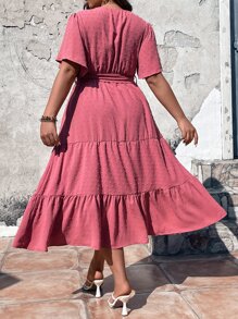 SHEIN Clasi Đầm Maxi Nữ Tay Phồng Xếp Ly Có Thắt Lưng Swiss Dot Butterfly Outfit - Màu Hồng  Dưa hấu - Xem 2