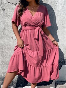 SHEIN Clasi Đầm Maxi Nữ Tay Phồng Xếp Ly Có Thắt Lưng Swiss Dot Butterfly Outfit - Màu Hồng  Dưa hấu - Xem 3