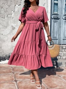 SHEIN Clasi Đầm Maxi Nữ Tay Phồng Xếp Ly Có Thắt Lưng Swiss Dot Butterfly Outfit - Màu Hồng  Dưa hấu - Xem 5