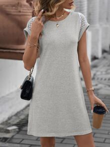 SHEIN LUNE Contrast Lace Sleeve Tee Dress - Grey - View 5