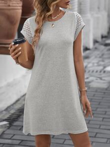 SHEIN LUNE Contrast Lace Sleeve Tee Dress - Grey - View 6