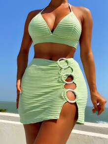 環鏈領懸垂三角形夏日沙灘比基尼套裝，搭配沙灘裙