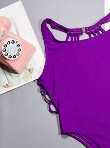 SHEIN Swim 素色露背連體泳衣 - 紫色 - 查看 3