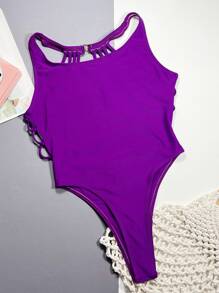SHEIN Swim 素色露背連體泳衣 - 紫色 - 查看 4