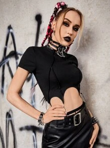 ROMWE PUNK 素色不對稱下擺短款T恤 - 黑色 - 查看 3