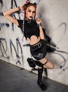 ROMWE PUNK 素色不對稱下擺短款T恤 - 黑色 - 查看 5