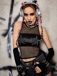 ROMWE PUNK Top tank con letra con diamante de imitación con abertura sin manga - Negro - Ver 3