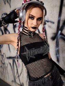 ROMWE PUNK Top tank con letra con diamante de imitación con abertura sin manga - Negro - Ver 6