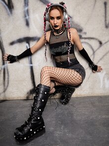 ROMWE PUNK Top tank con letra con diamante de imitación con abertura sin manga - Negro - Ver 5