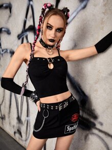 ROMWE PUNK Áo hai dây Cắt ra Nhẫn Thùa khuyết màu trơn Giải trí - màu đen - Xem 5