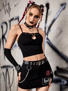 ROMWE PUNK Áo hai dây Cắt ra Nhẫn Thùa khuyết màu trơn Giải trí - màu đen - Xem 2