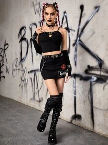 ROMWE PUNK Áo hai dây Cắt ra Nhẫn Thùa khuyết màu trơn Giải trí - màu đen - Xem 4