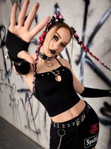 ROMWE PUNK Áo hai dây Cắt ra Nhẫn Thùa khuyết màu trơn Giải trí - màu đen - Xem 8