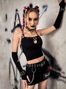 ROMWE PUNK Áo hai dây Cắt ra Nhẫn Thùa khuyết màu trơn Giải trí - màu đen - Xem 6