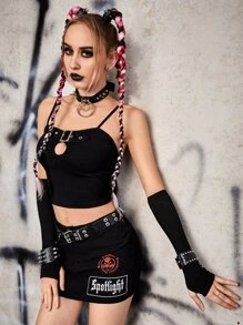 ROMWE PUNK Áo hai dây Cắt ra Nhẫn Thùa khuyết màu trơn Giải trí - màu đen - Xem 7