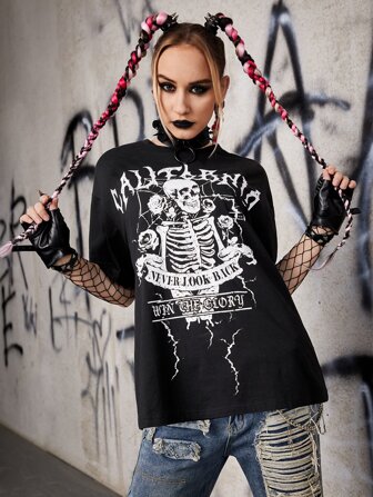 T-shirt à imprimé lettre et squelette