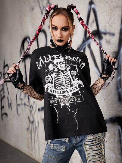 T-Shirt mit Buchstabe & Skelett Muster