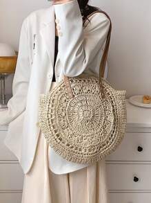 極簡風格鏤空草編包 - 米色 - 查看 1