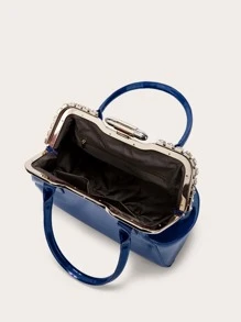 zijinling Metal Edge Artificial Patent Leather Rhinestone Decor Top Handbag, Large Solid Color Satchel Bag, Women's Office & Work Purse - Azul - Ver 4