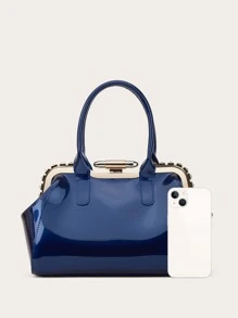 zijinling Metal Edge Artificial Patent Leather Rhinestone Decor Top Handbag, Large Solid Color Satchel Bag, Women's Office & Work Purse - Azul - Ver 5