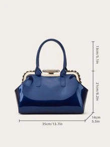 zijinling Metal Edge Artificial Patent Leather Rhinestone Decor Top Handbag, Large Solid Color Satchel Bag, Women's Office & Work Purse - Azul - Ver 6