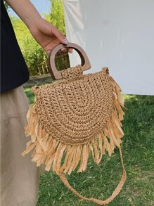 Túi rơm trang trí tua rua, hoàn hảo cho kỳ nghỉ du lịch bãi biển mùa hè - Màu Khaki - Xem 1