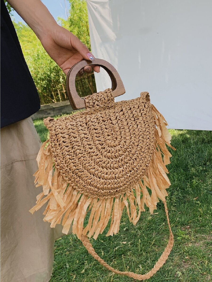 Túi rơm trang trí tua rua, hoàn hảo cho kỳ nghỉ du lịch bãi biển mùa hè - Màu Khaki - Xem 1