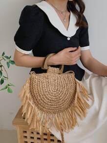 Túi rơm trang trí tua rua, hoàn hảo cho kỳ nghỉ du lịch bãi biển mùa hè - Màu Khaki - Xem 2