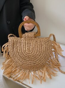 Túi rơm trang trí tua rua, hoàn hảo cho kỳ nghỉ du lịch bãi biển mùa hè - Màu Khaki - Xem 3