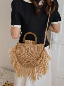 Túi rơm trang trí tua rua, hoàn hảo cho kỳ nghỉ du lịch bãi biển mùa hè - Màu Khaki - Xem 5