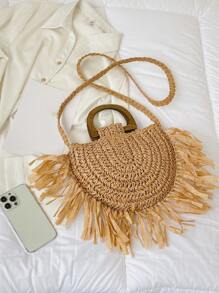 Túi rơm trang trí tua rua, hoàn hảo cho kỳ nghỉ du lịch bãi biển mùa hè - Màu Khaki - Xem 7