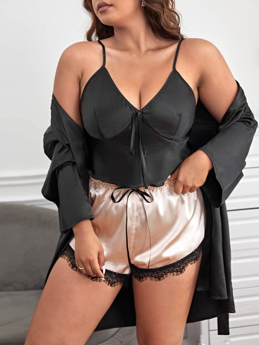 con nudo delantero de satén Top de tirantes & ribete con encaje Shorts & Bata - Multicolor - Ver 1