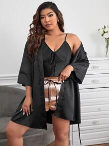 con nudo delantero de satén Top de tirantes & ribete con encaje Shorts & Bata - Multicolor - Ver 4