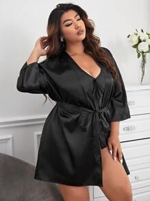 con nudo delantero de satén Top de tirantes & ribete con encaje Shorts & Bata - Multicolor - Ver 5