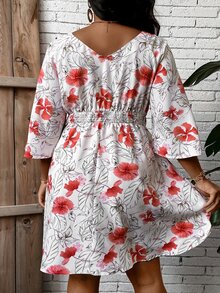 SHEIN LUNE Plus Floral Print Butterfly Sleeve Dress - Multicolor - View 4