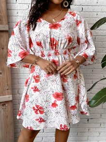 SHEIN LUNE Plus Floral Print Butterfly Sleeve Dress - Multicolor - View 1
