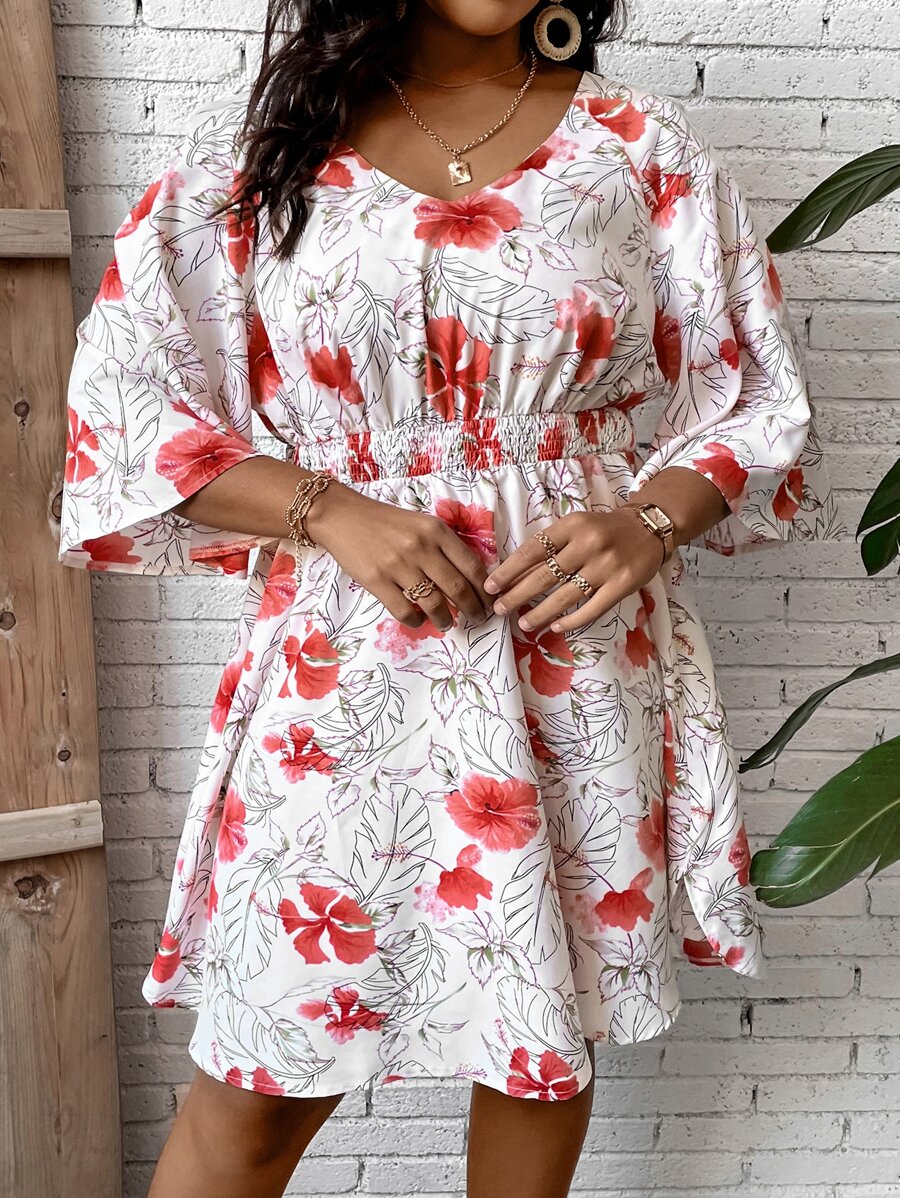 SHEIN LUNE Plus Floral Print Butterfly Sleeve Dress - Multicolor - View 1