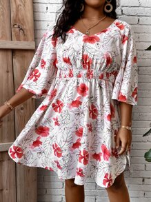 SHEIN LUNE Plus Floral Print Butterfly Sleeve Dress - Multicolor - View 2