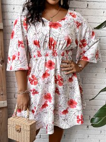 SHEIN LUNE Plus Floral Print Butterfly Sleeve Dress - Multicolor - View 6